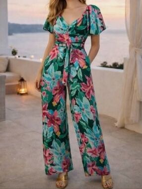 Zara Vibrant Tropical Floral Puff Short Sleeves Jumpsuit Size S